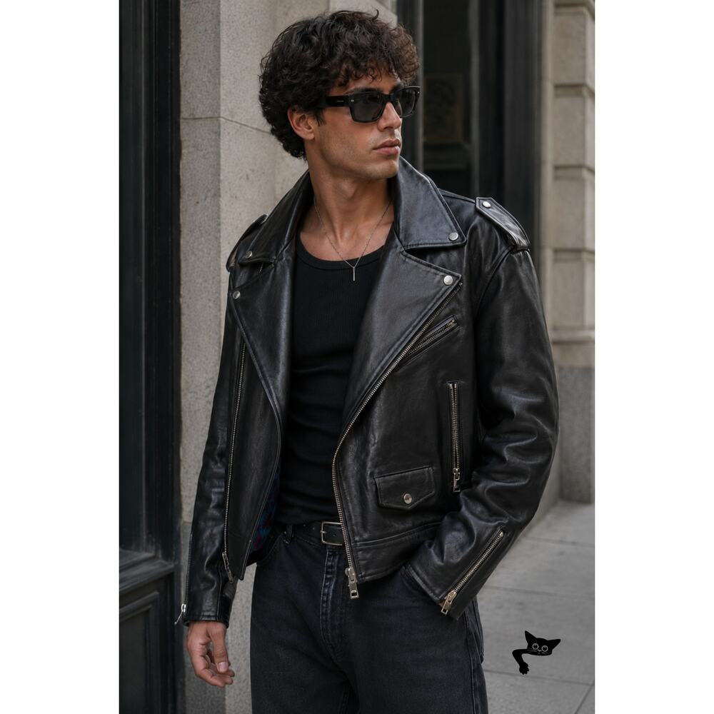 Versace Black Leather Moto Biker Jacket Men L - Picture 8 of 16